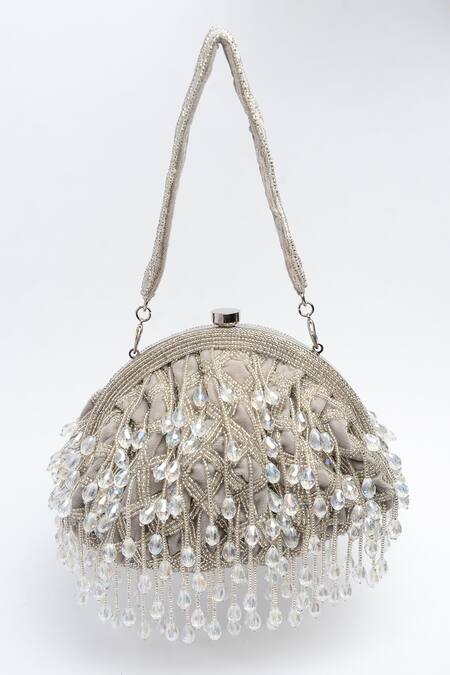 Shop Nayaab By Sonia Silver Cut Work, Beads Lattice Frame Embellished Clutch at Aza Fashions Shop_Nayaab By Sonia_Silver Cut Work, Beads Lattice Frame Embellished Clutch_at_Aza_Fashions