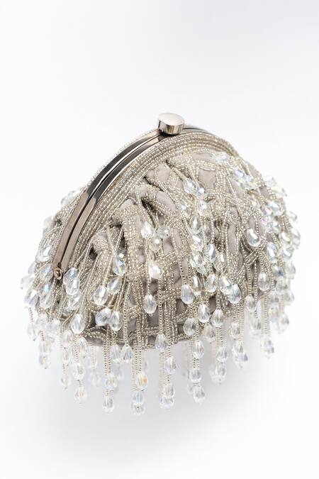 Shop Nayaab By Sonia Silver Cut Work, Beads Lattice Frame Embellished Clutch Online at Aza Fashions Shop_Nayaab By Sonia_Silver Cut Work, Beads Lattice Frame Embellished Clutch_Online_at_Aza_Fashions