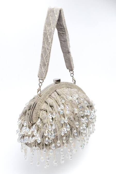 Nayaab By Sonia Silver Cut Work, Beads Lattice Frame Embellished Clutch at Aza Fashions Nayaab By Sonia_Silver Cut Work, Beads Lattice Frame Embellished Clutch_at_Aza_Fashions