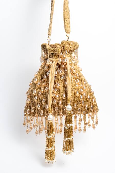 Shop Nayaab By Sonia Gold Crystals, Zari Lattice Frame Embellished Clutch at Aza Fashions Shop_Nayaab By Sonia_Gold Crystals, Zari Lattice Frame Embellished Clutch_at_Aza_Fashions