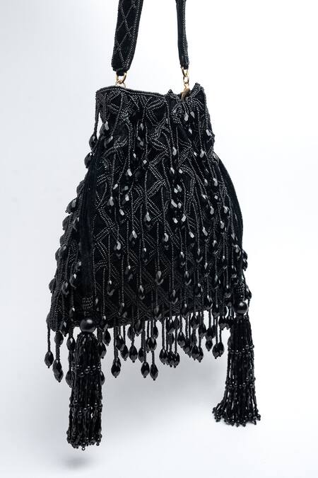 Shop Nayaab By Sonia Black Crystals, Cut Work Lattice Satchel Eclipse Clutch at Aza Fashions Shop_Nayaab By Sonia_Black Crystals, Cut Work Lattice Satchel Eclipse Clutch_at_Aza_Fashions