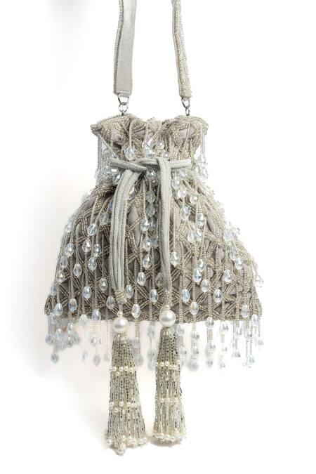 Shop Nayaab By Sonia Silver Crystals Lattice Satchel Embellished Clutch at Aza Fashions Shop_Nayaab By Sonia_Silver Crystals Lattice Satchel Embellished Clutch_at_Aza_Fashions