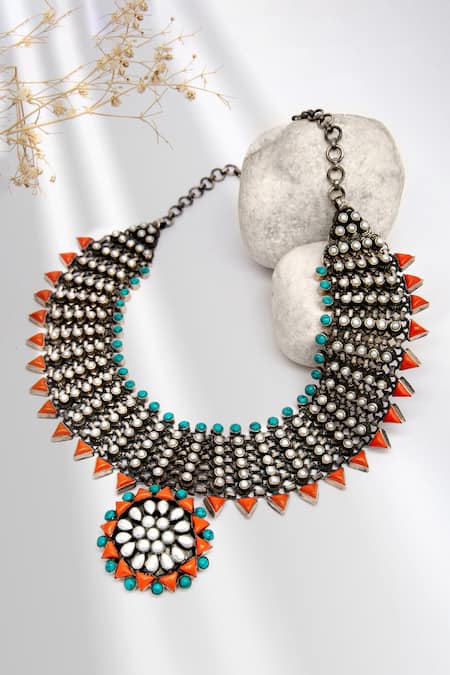 Shop Neeta Boochra Orange Royal Oasis Coral Pearl Studded Necklace at Aza Fashions Shop_Neeta Boochra_Orange Royal Oasis Coral Pearl Studded Necklace _at_Aza_Fashions