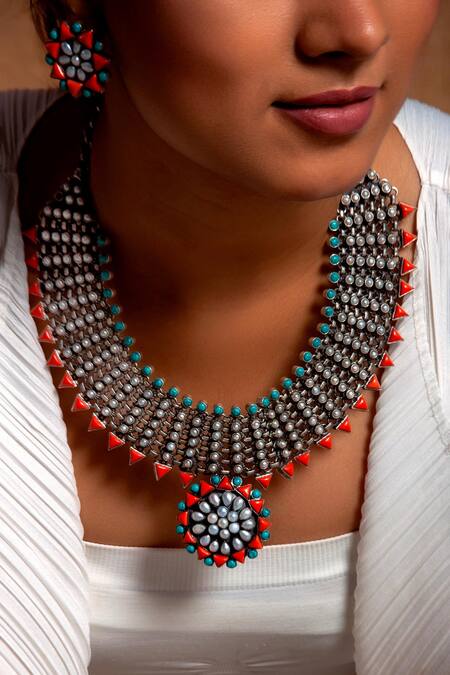 Neeta Boochra Orange Royal Oasis Coral Pearl Studded Necklace Online at Aza Fashions Neeta Boochra_Orange Royal Oasis Coral Pearl Studded Necklace _Online_at_Aza_Fashions