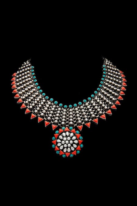 Neeta Boochra Orange Royal Oasis Coral Pearl Studded Necklace at Aza Fashions Neeta Boochra_Orange Royal Oasis Coral Pearl Studded Necklace _at_Aza_Fashions