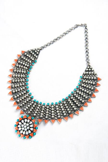 Buy Neeta Boochra Orange Royal Oasis Coral Pearl Studded Necklace Buy_Neeta Boochra_Orange Royal Oasis Coral Pearl Studded Necklace