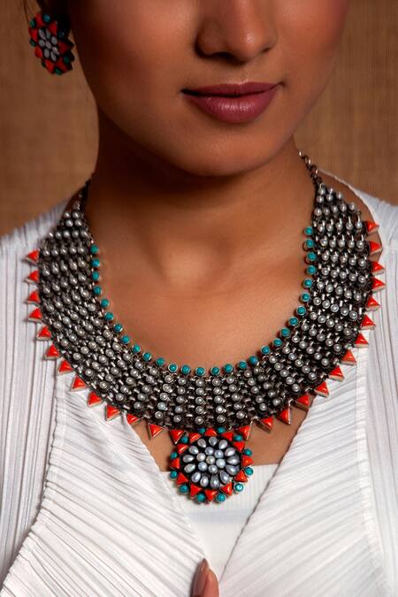 Shop Neeta Boochra Orange Royal Oasis Coral Pearl Studded Necklace Shop_Neeta Boochra_Orange Royal Oasis Coral Pearl Studded Necklace