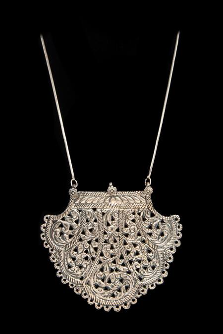 Shop Neeta Boochra Silver Plated Chitai Charm Embossed Pendant Chain Necklace at Aza Fashions Shop_Neeta Boochra_Silver Plated Chitai Charm Embossed Pendant Chain Necklace _at_Aza_Fashions