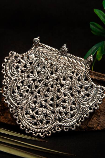 Neeta Boochra Silver Plated Chitai Charm Embossed Pendant Chain Necklace Online at Aza Fashions Neeta Boochra_Silver Plated Chitai Charm Embossed Pendant Chain Necklace _Online_at_Aza_Fashions