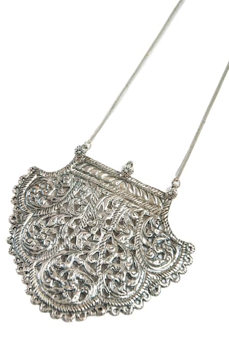 Buy Neeta Boochra Silver Plated Chitai Charm Embossed Pendant Chain Necklace Online at Aza Fashions Buy_Neeta Boochra_Silver Plated Chitai Charm Embossed Pendant Chain Necklace _Online_at_Aza_Fashions