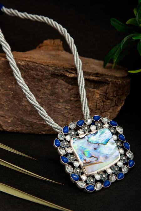 Neeta Boochra_Blue Oceanic Glow Mother Of Pearl Pendant Thread Necklace_Online_at_Aza_Fashions