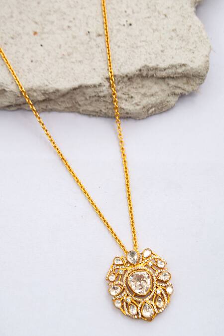 Shop Neeta Boochra Gold Plated Utsav Moissanite Studded Pendant Chain Necklace at Aza Fashions Shop_Neeta Boochra_Gold Plated Utsav Moissanite Studded Pendant Chain Necklace_at_Aza_Fashions