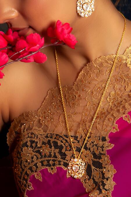 Shop Neeta Boochra Gold Plated Utsav Moissanite Studded Pendant Chain Necklace Online at Aza Fashions Shop_Neeta Boochra_Gold Plated Utsav Moissanite Studded Pendant Chain Necklace_Online_at_Aza_Fashions