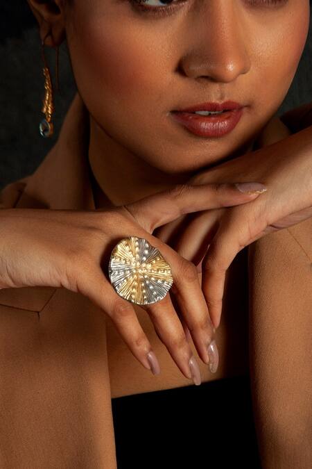 Neeta Boochra_Gold Plated Textured Two-tone Ring _at_Aza_Fashions