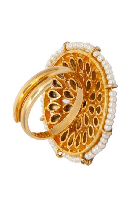 Shop_Neeta Boochra_Gold Plated Pearls, Diamonds Kundan Studded Ring _Online_at_Aza_Fashions