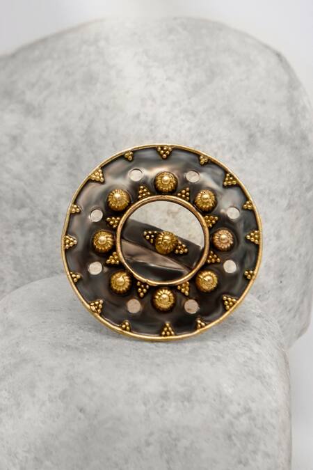Shop_Neeta Boochra_Silver Plated Carved Two-tone Ring _at_Aza_Fashions