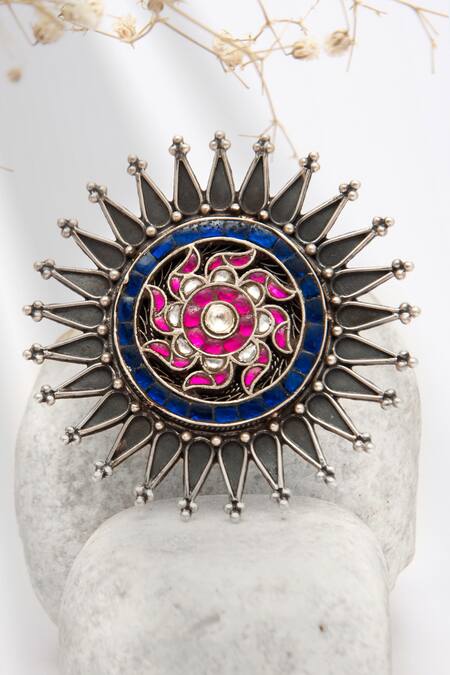 Shop_Neeta Boochra_Silver Plated Kundan Studded Floral Ring _at_Aza_Fashions
