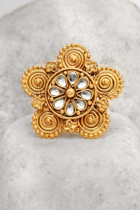Shop_Neeta Boochra_Gold Plated Kundan Floral Studded Ring _at_Aza_Fashions