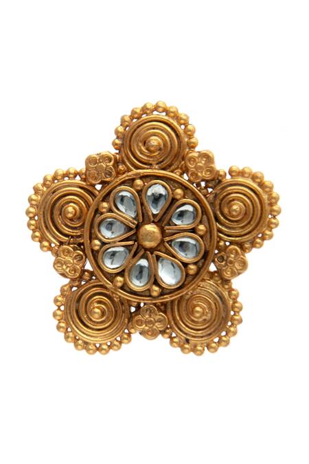 Neeta Boochra_Gold Plated Kundan Floral Studded Ring _Online_at_Aza_Fashions