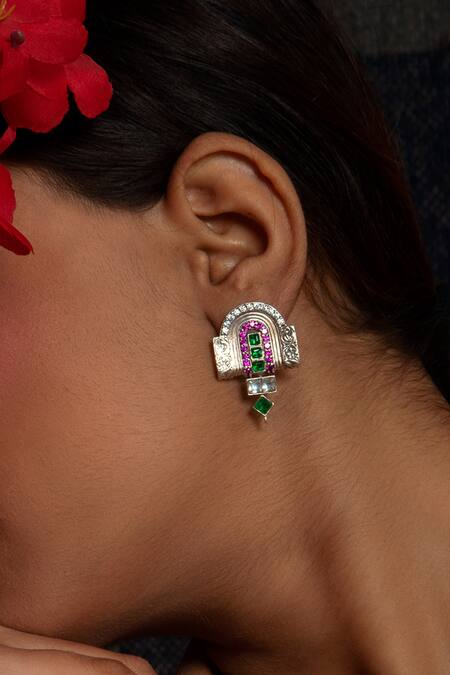 Neeta Boochra_Silver Plated Crystals, Stones Luck Horseshoe Carved Earrings _Online_at_Aza_Fashions