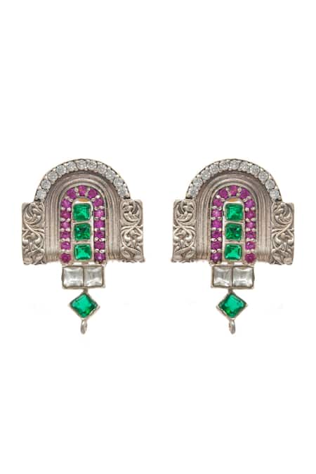 Buy_Neeta Boochra_Silver Plated Crystals, Stones Luck Horseshoe Carved Earrings _Online_at_Aza_Fashions