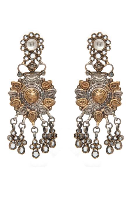 Neeta Boochra_Gold Plated Crystals, Gota Patti Hastakriti Swarna Varne Floral Carved Earrings _Online_at_Aza_Fashions