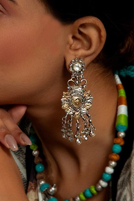 Neeta Boochra_Gold Plated Crystals, Gota Patti Hastakriti Swarna Varne Floral Carved Earrings _at_Aza_Fashions