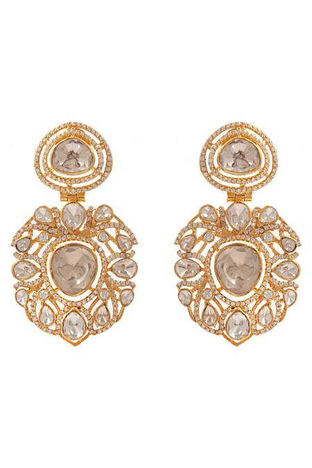 Neeta Boochra_Yellow Crystals, Diamonds Swarna Utsav Moissanite Polki Embellished Earrings _Online_at_Aza_Fashions