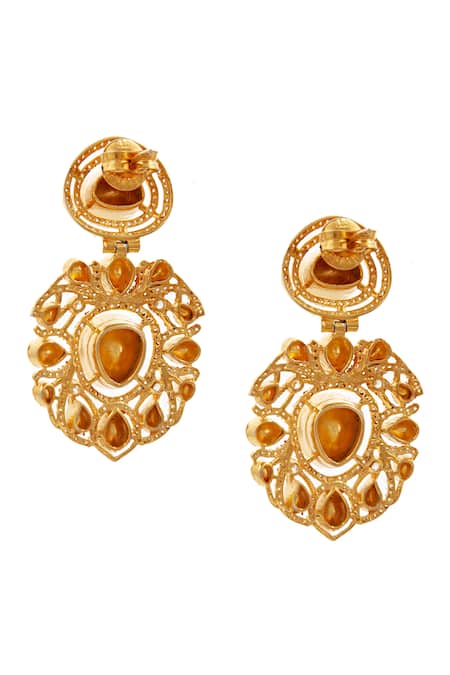 Shop_Neeta Boochra_Yellow Crystals, Diamonds Swarna Utsav Moissanite Polki Embellished Earrings _Online_at_Aza_Fashions