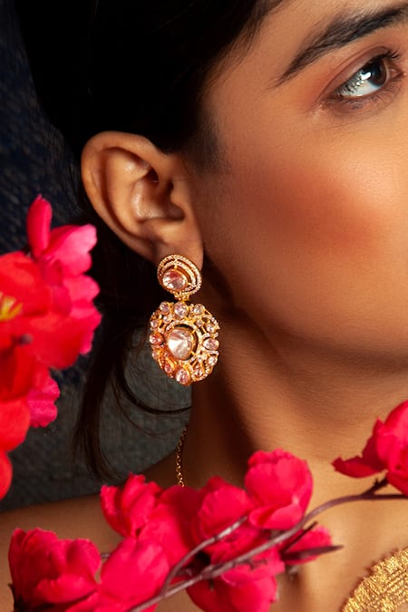 Neeta Boochra_Yellow Crystals, Diamonds Swarna Utsav Moissanite Polki Embellished Earrings _at_Aza_Fashions