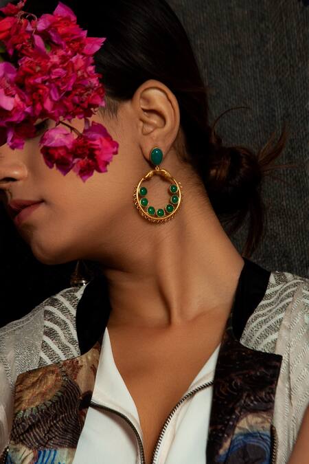 Neeta Boochra_Green Stones Essence Onyx Embellished Danglers _Online_at_Aza_Fashions