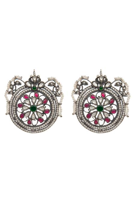 Neeta Boochra_Pink Pearls, Crystals Mehfil Floral Carved Stud Earrings_Online_at_Aza_Fashions