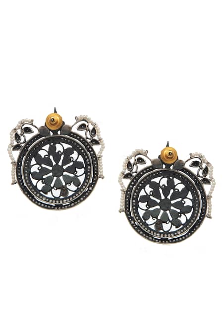 Shop_Neeta Boochra_Pink Pearls, Crystals Mehfil Floral Carved Stud Earrings_Online_at_Aza_Fashions