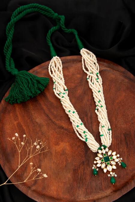 Shop Neeta Boochra Green Verdant Luminescence Floral Carved Pendant Necklace at Aza Fashions Shop_Neeta Boochra_Green Verdant Luminescence Floral Carved Pendant Necklace_at_Aza_Fashions