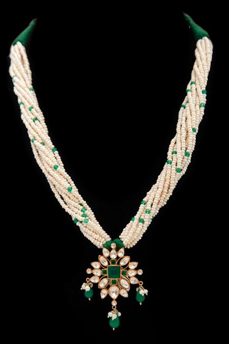 Shop Neeta Boochra Green Verdant Luminescence Floral Carved Pendant Necklace Online at Aza Fashions Shop_Neeta Boochra_Green Verdant Luminescence Floral Carved Pendant Necklace_Online_at_Aza_Fashions