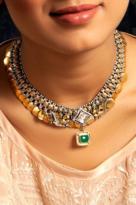 Neeta Boochra_Gold Plated Verdant Harmony Gemstone Embellished Pendant Choker _Online_at_Aza_Fashions