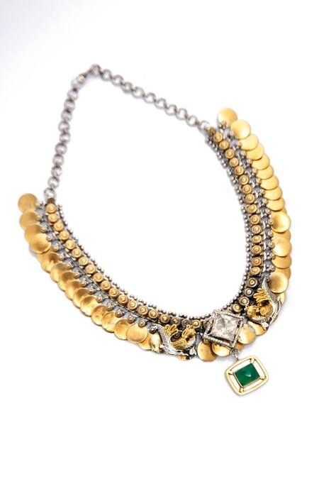 Neeta Boochra_Gold Plated Verdant Harmony Gemstone Embellished Pendant Choker _at_Aza_Fashions