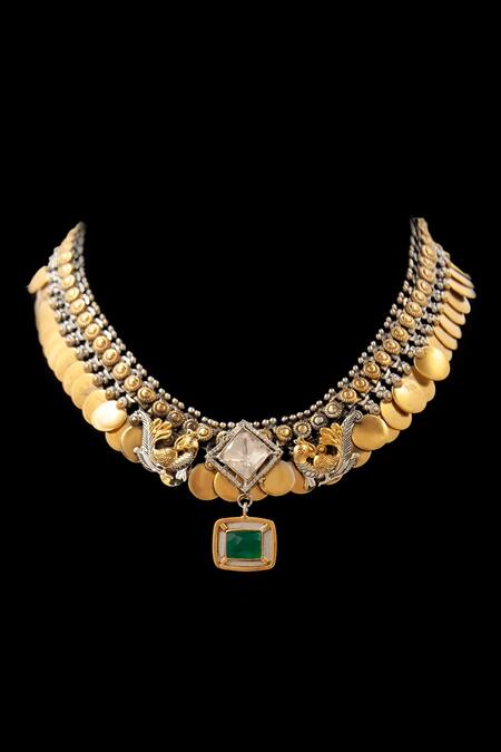 Buy_Neeta Boochra_Gold Plated Verdant Harmony Gemstone Embellished Pendant Choker 