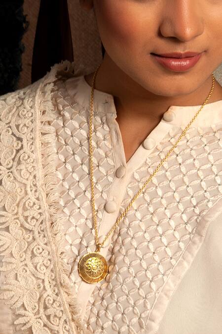 Neeta Boochra_Gold Plated Floral Carved Pendant Necklace _Online_at_Aza_Fashions