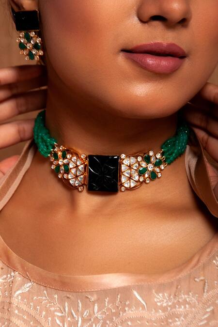 Neeta Boochra_Multi Color Midnight Sparkle Stone Carved Pendant Choker_Online_at_Aza_Fashions