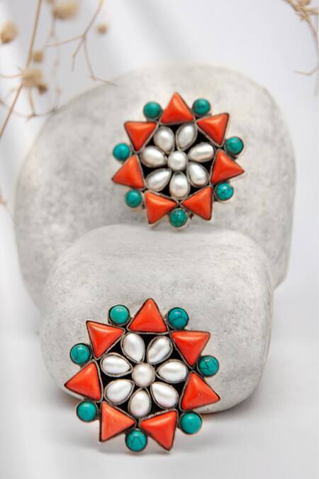 Shop Neeta Boochra Orange Pearls, Stones Royal Oasis Embellished Studs at Aza Fashions Shop_Neeta Boochra_Orange Pearls, Stones Royal Oasis Embellished Studs_at_Aza_Fashions