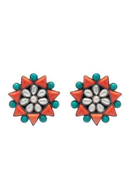 Neeta Boochra Orange Pearls, Stones Royal Oasis Embellished Studs Online at Aza Fashions Neeta Boochra_Orange Pearls, Stones Royal Oasis Embellished Studs_Online_at_Aza_Fashions