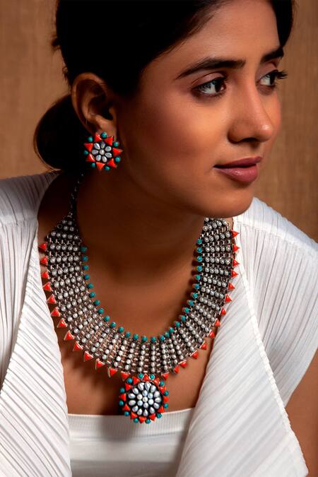 Neeta Boochra Orange Pearls, Stones Royal Oasis Embellished Studs at Aza Fashions Neeta Boochra_Orange Pearls, Stones Royal Oasis Embellished Studs_at_Aza_Fashions