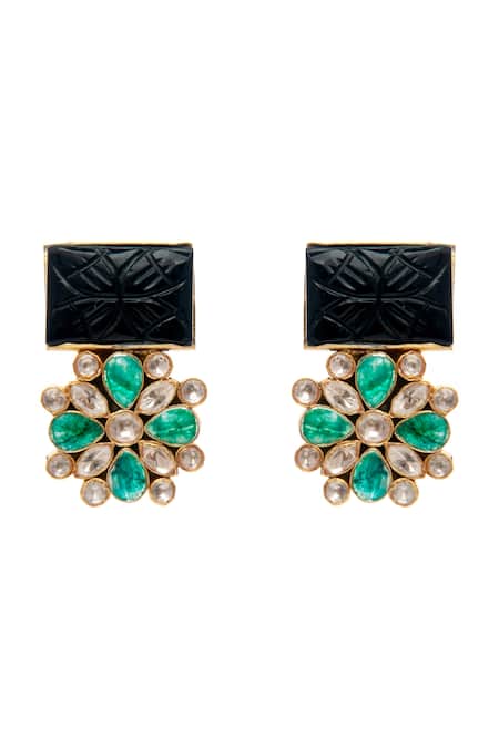 Neeta Boochra_Green Stones, Mirrors Midnight Sparkle Moissanite Embellished Earrings_Online_at_Aza_Fashions
