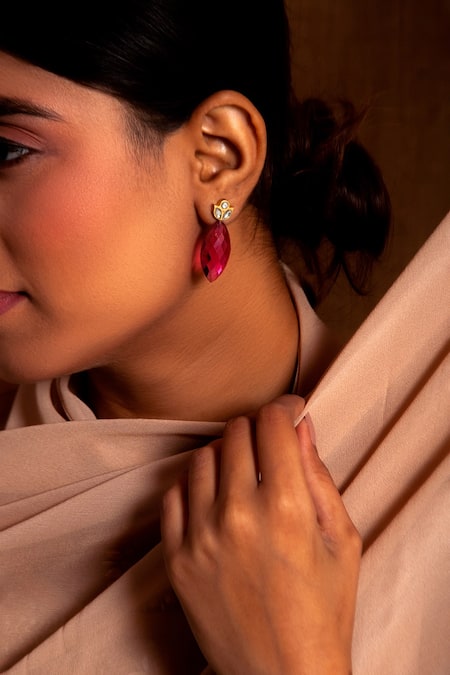 Neeta Boochra_Pink Gota Patti Royal Rose Quartz Embellished Earrings _at_Aza_Fashions