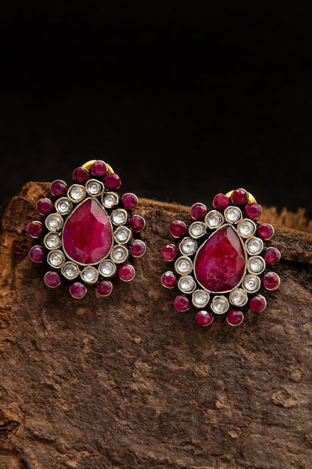 Neeta Boochra Kundan & Ruby Stone Embellished Studs 