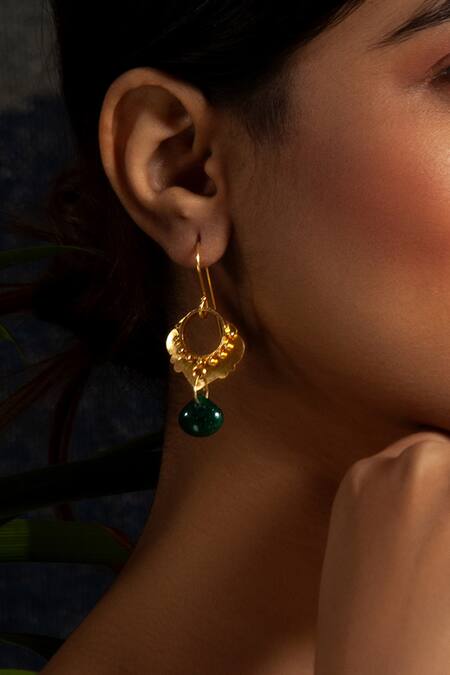 Neeta Boochra_Green Gota Patti Stone Drop Embellished Earrings _Online_at_Aza_Fashions