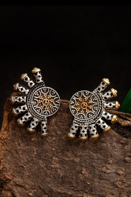 Shop_Neeta Boochra_Gold Plated Carved Fan Studs _at_Aza_Fashions