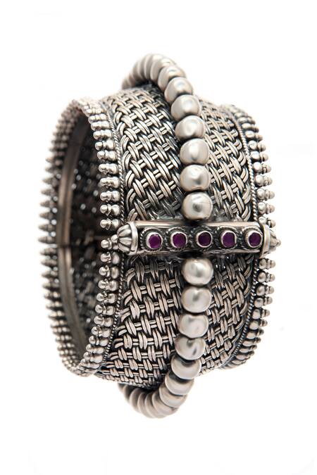 Neeta Boochra_Silver Plated Rhinestones Rawa Radiance Ruby Stone Embellished Kada Bangle _Online_at_Aza_Fashions