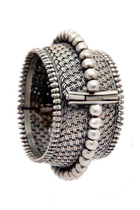 Shop_Neeta Boochra_Silver Plated Rhinestones Rawa Radiance Ruby Stone Embellished Kada Bangle _Online_at_Aza_Fashions